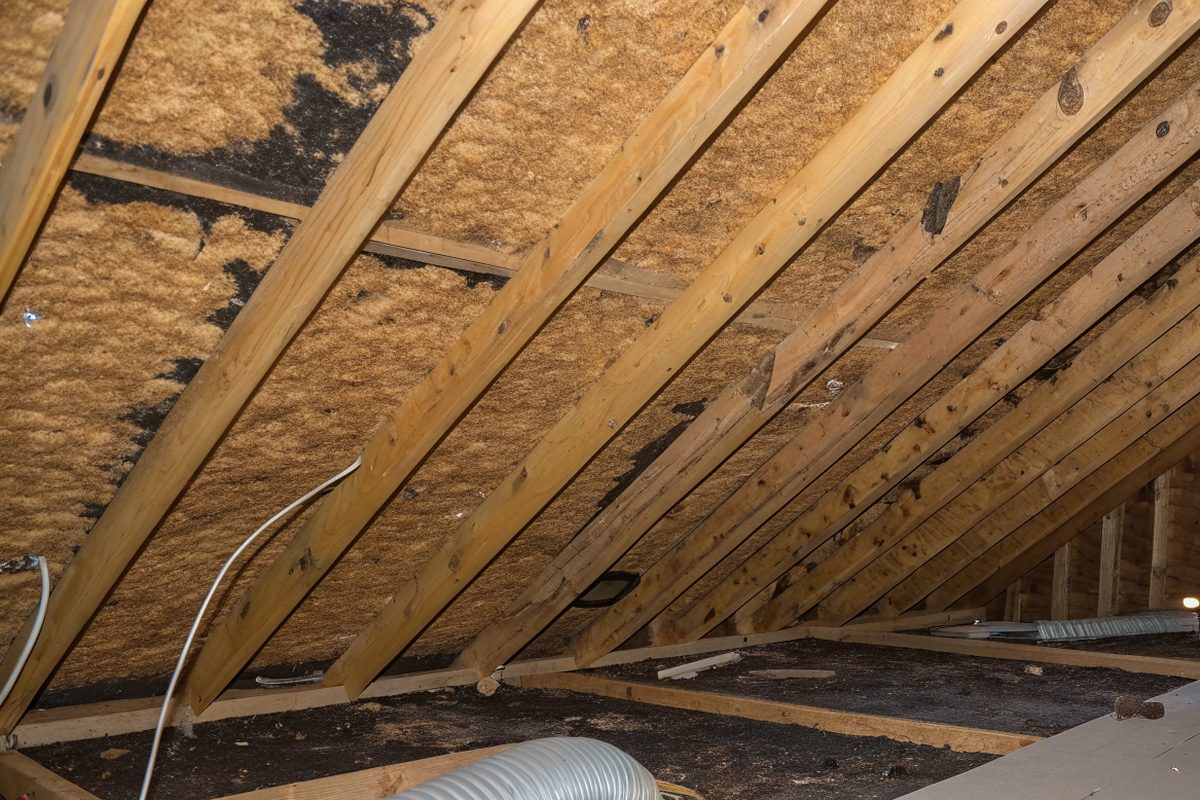 Attic roof decking with dark moisture stains near a vent