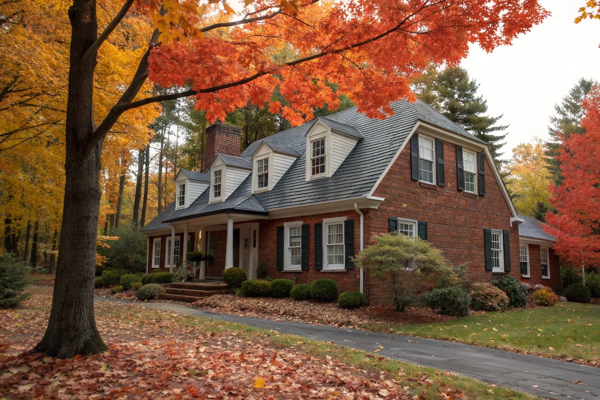 A brick Cape Cod house with dormers under red maples