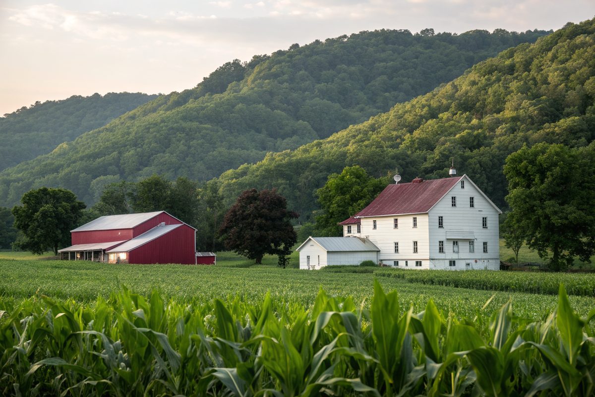 A farmhouse and red barn beyond a cornfield with wooded hills behind