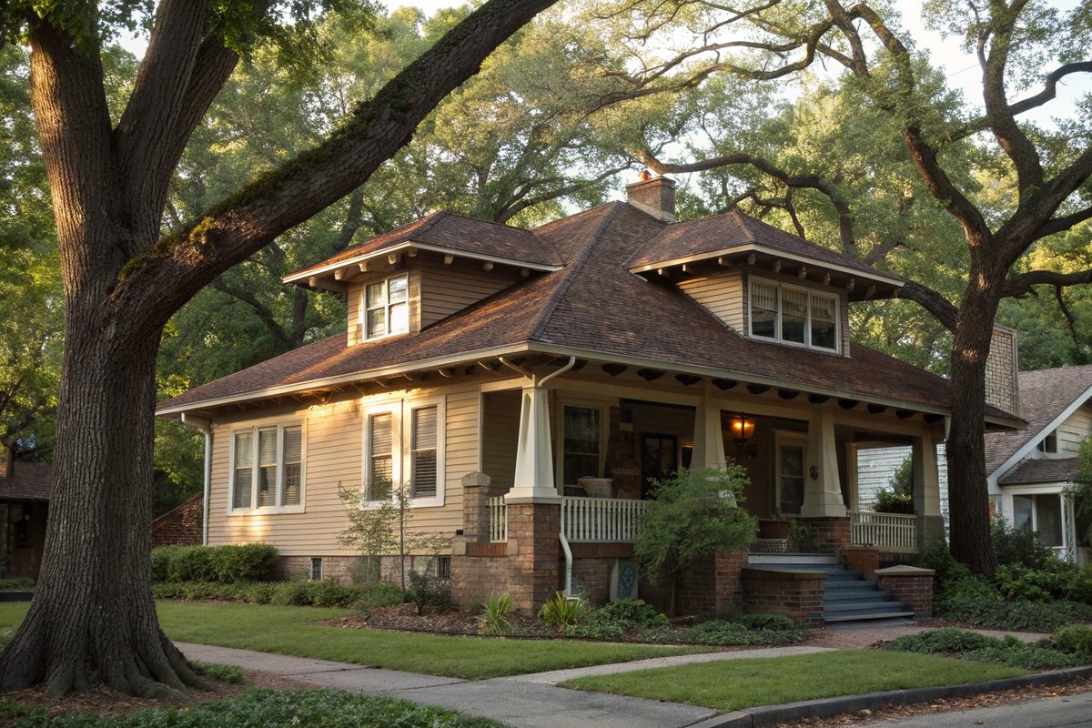 A craftsman bungalow with a brown shingle roof under tall oaks