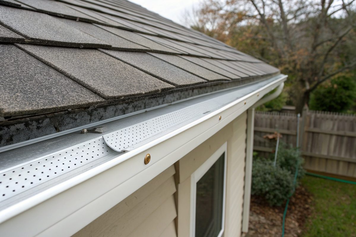 A new drip edge and gutter with a leaf guard along a roof eave