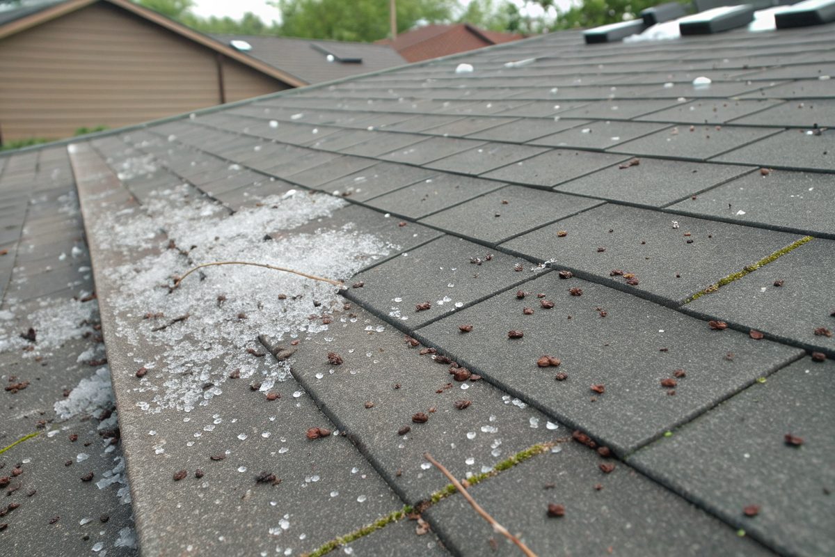 Gray shingles with dark bruise marks and loose granules after a hailstorm