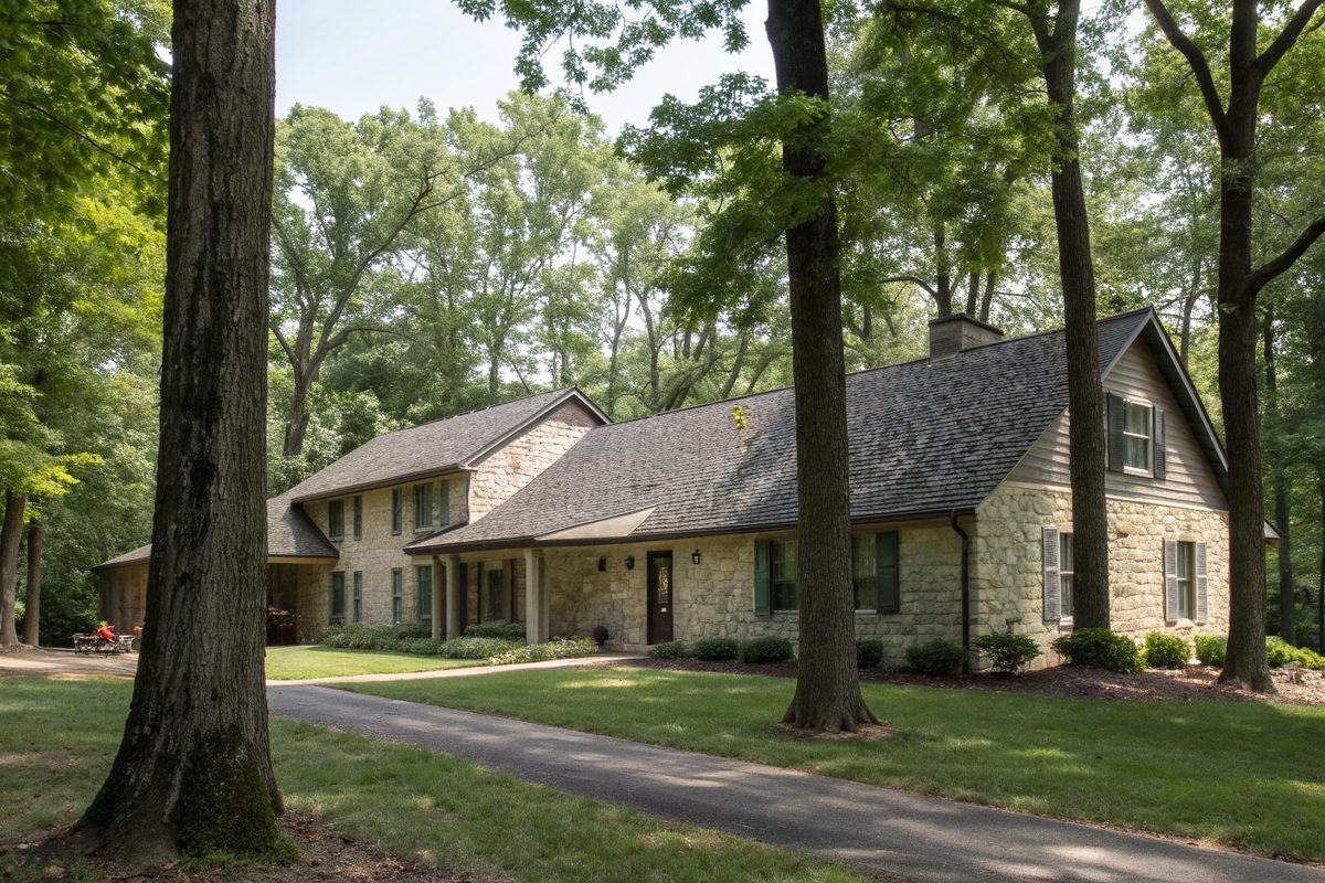A limestone ranch house with a charcoal shingle roof under tall hardwoods