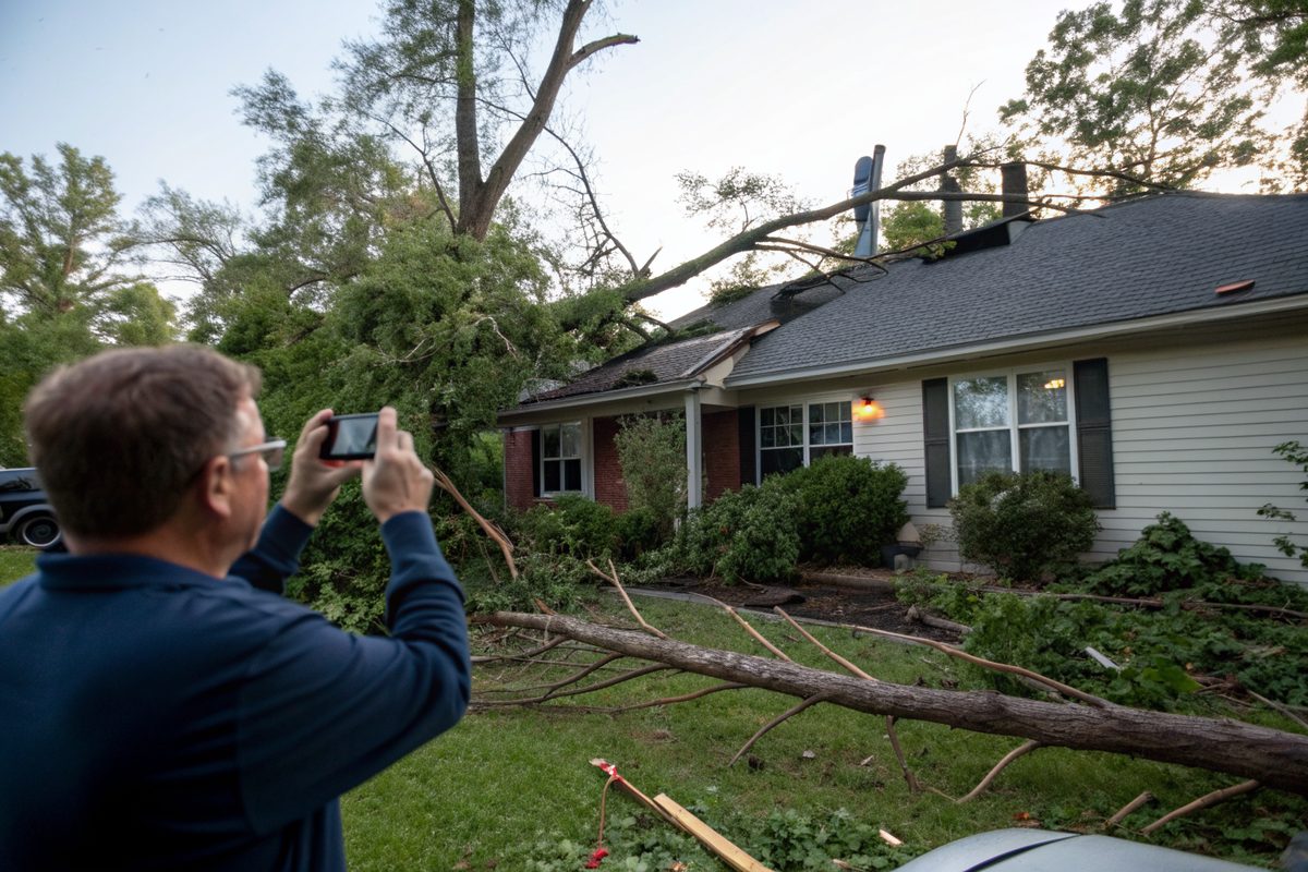 A homeowner photographing his roof with a phone after a storm