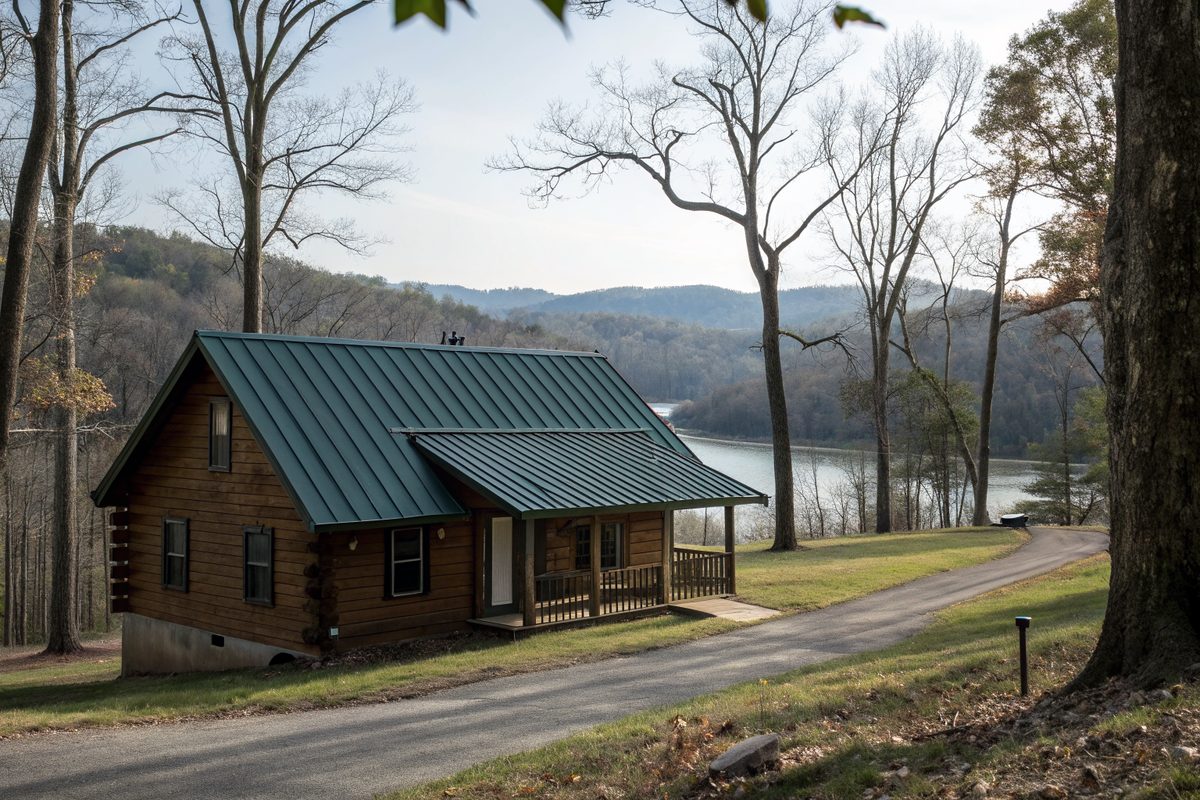 A wooded lakeside cabin with a dark green standing-seam metal roof