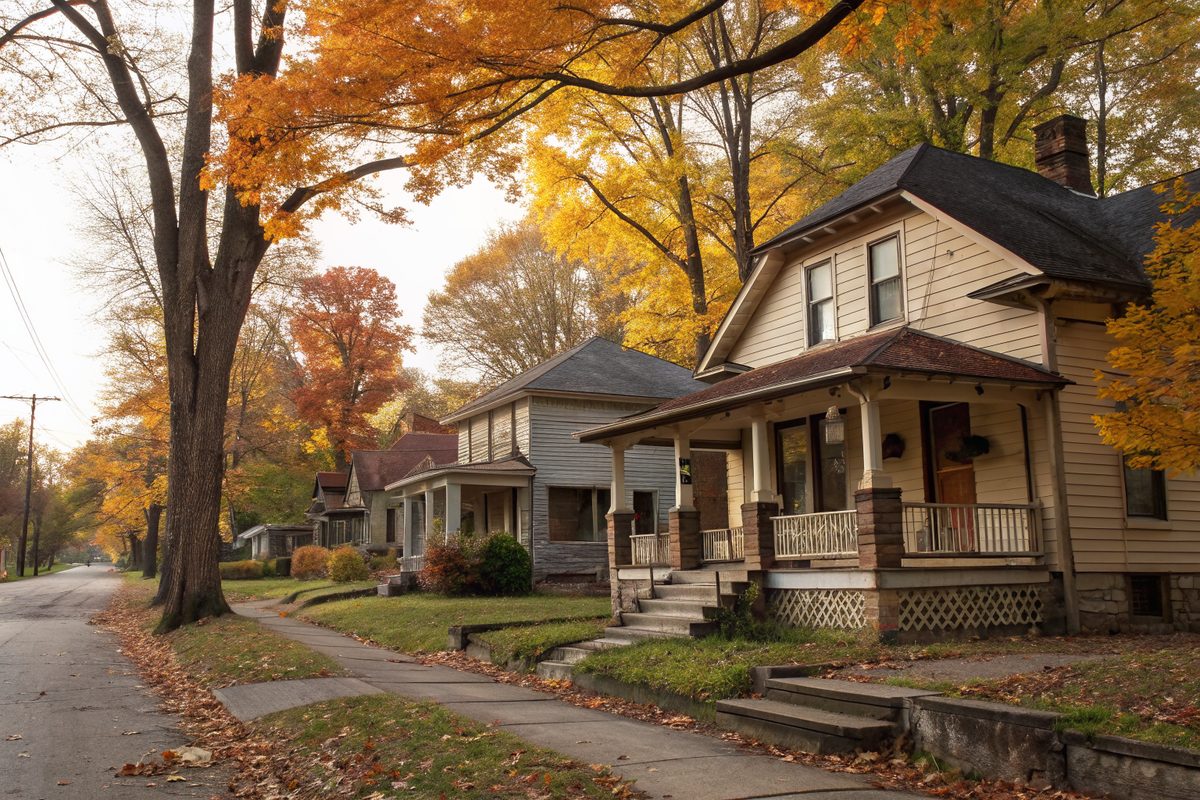 Bungalows with limestone porches on a tree-lined street in fall