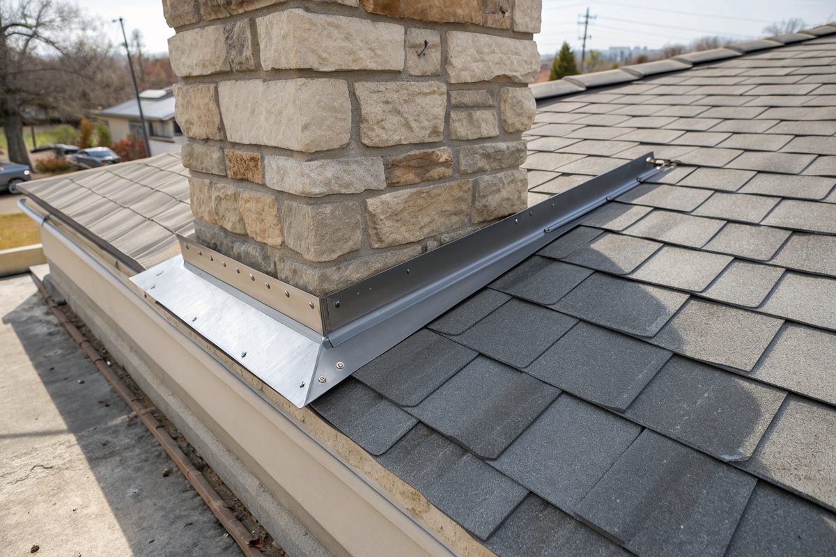 New metal flashing where a shingle roof meets a limestone chimney