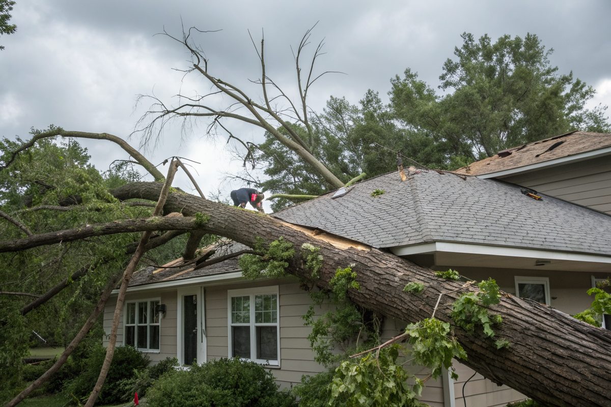 A heavy oak limb across a house roof after a storm
