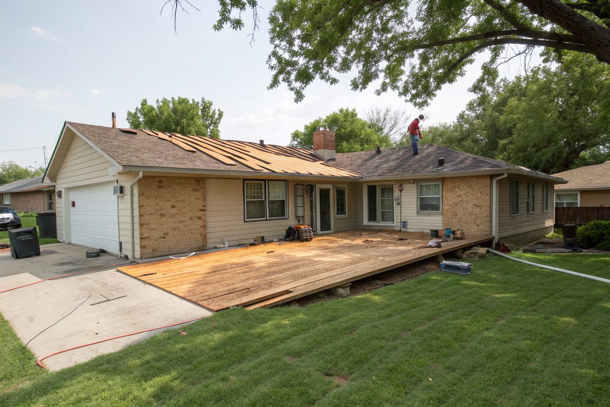 A ranch house roof stripped to its decking during a tear-off