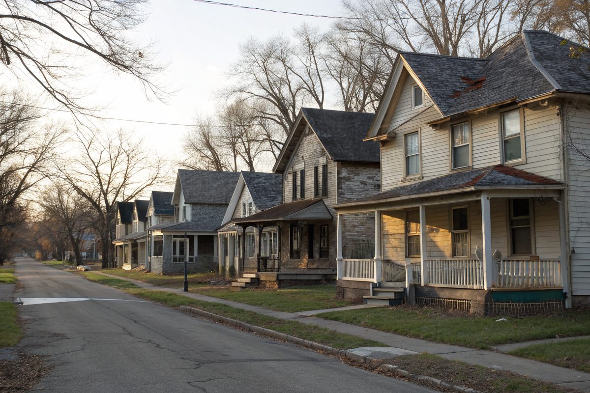 Older frame rental houses with porches and worn shingle roofs