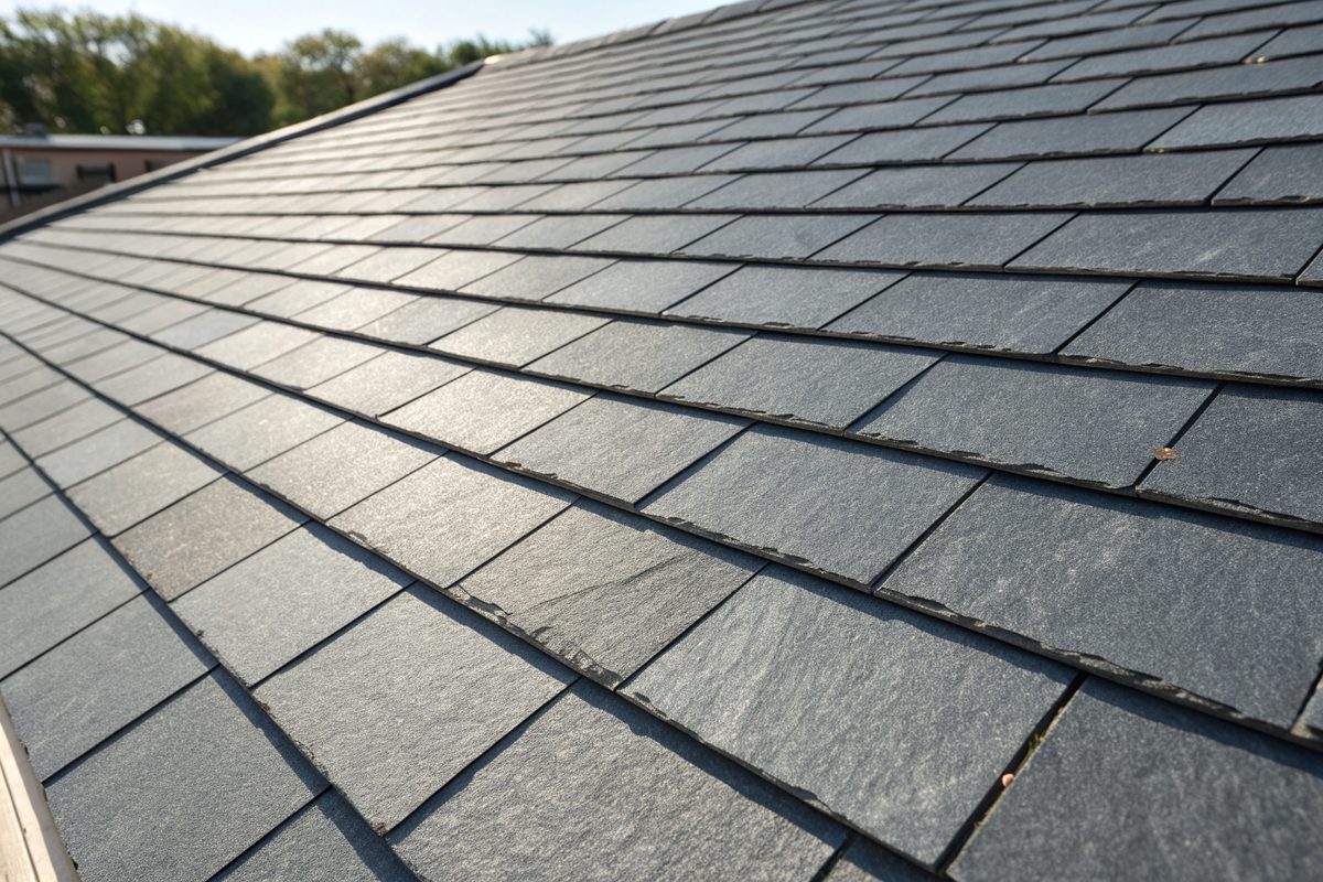 Close view of new slate gray architectural shingles