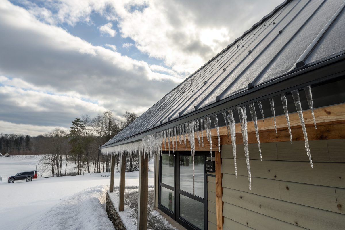 A charcoal standing-seam metal roof with ice and icicles at the eave