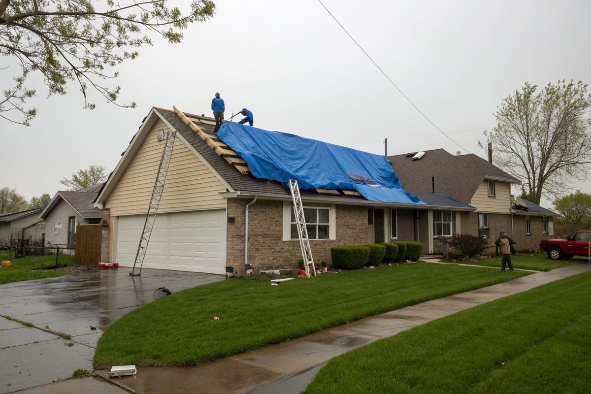 A blue tarp held with boards over a damaged part of a split-level house roof