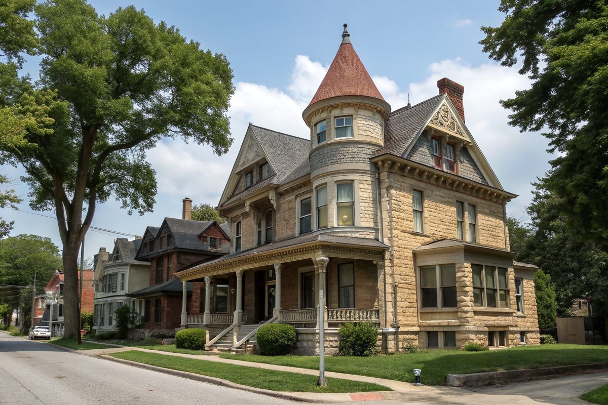 A restored Victorian house with limestone trim and a turret
