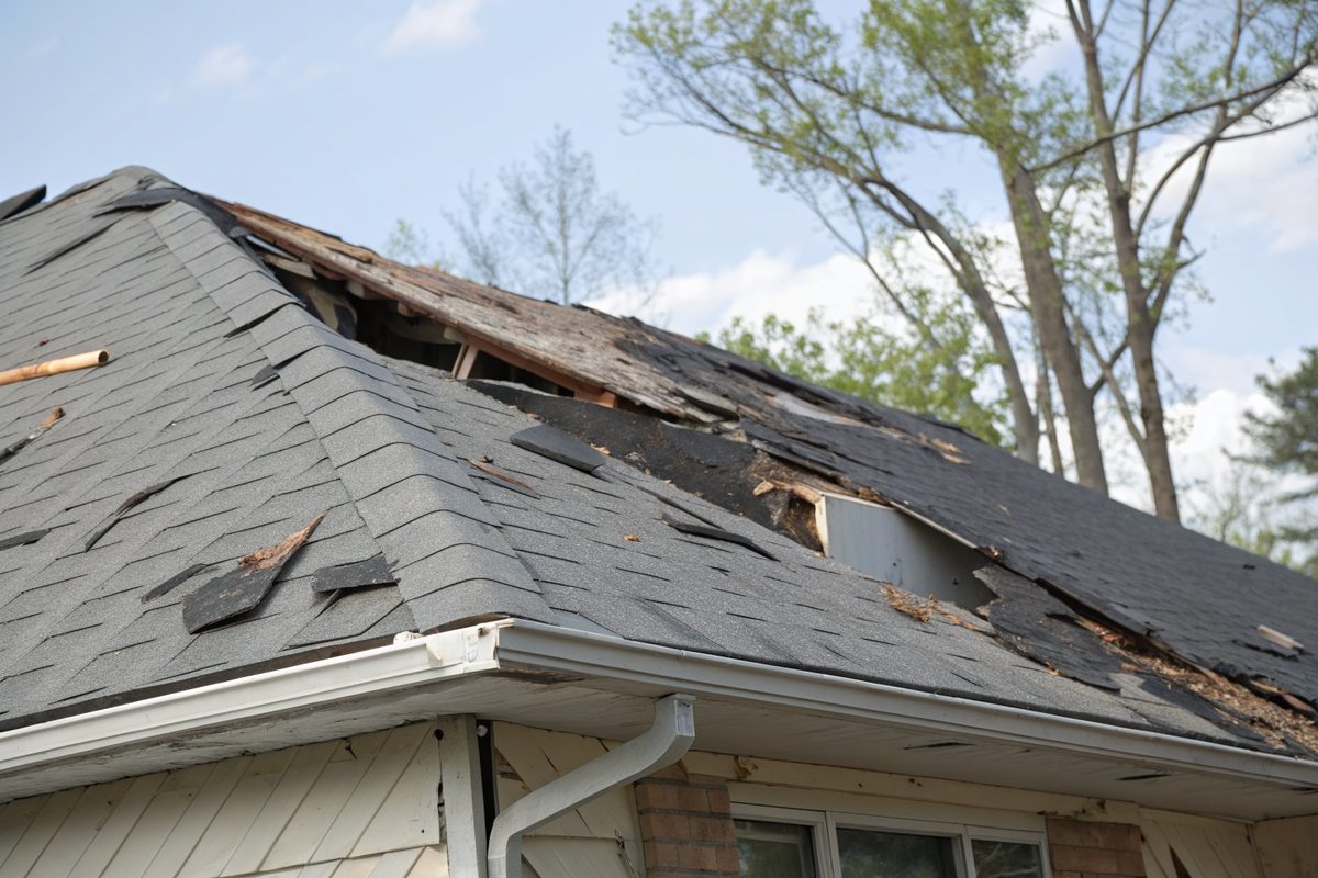 Wind-peeled and missing shingles near a roof ridge