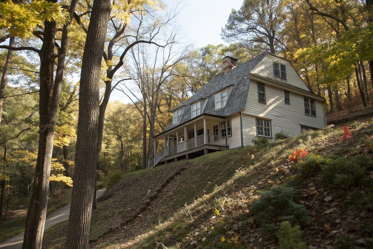A two-story house with a gray shingle roof on a wooded lot